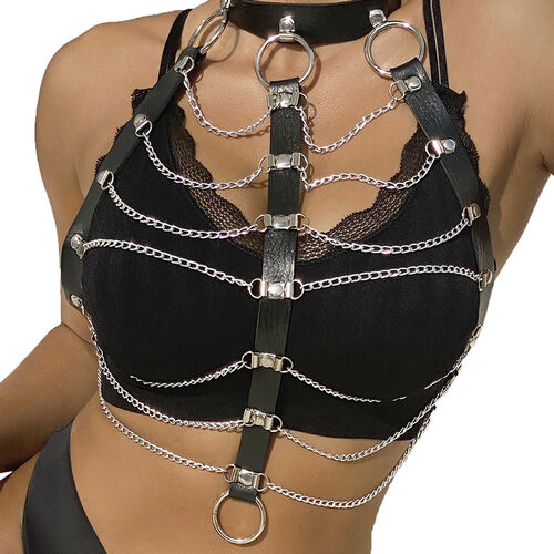 Harnais Poitrine Chaîne & Cuir Noir – Taille Unique